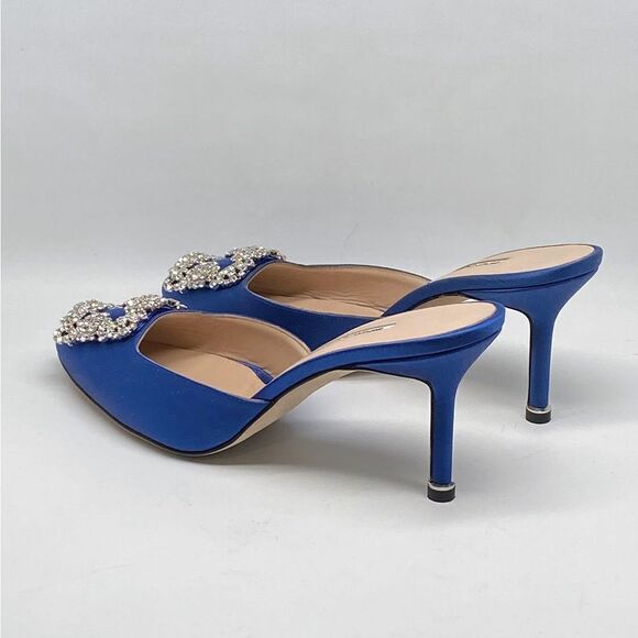 Manolo Blahnik Satin Blue Mules with Crystal Accent - Picture 9 of 13